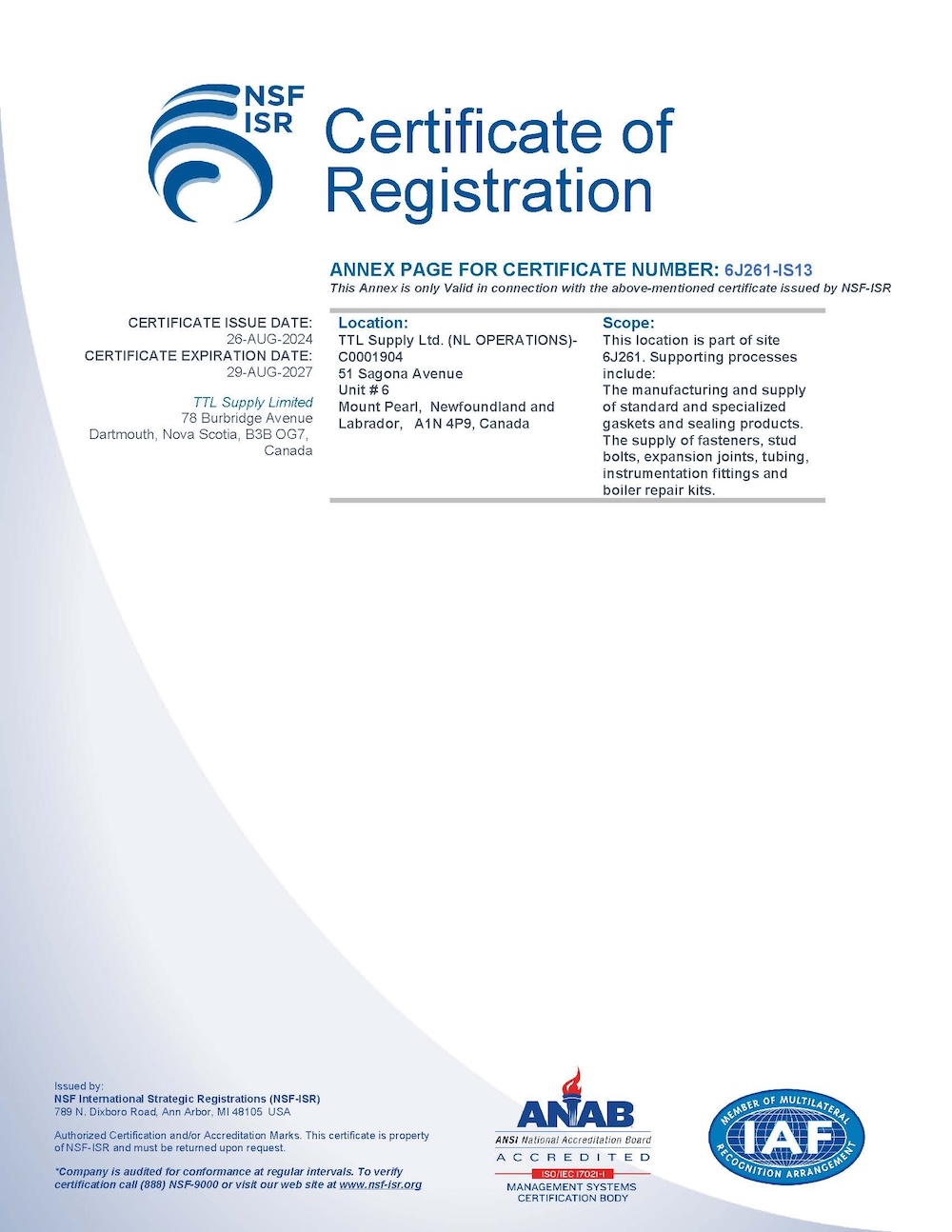 TTL ISO Cert 2024-2027